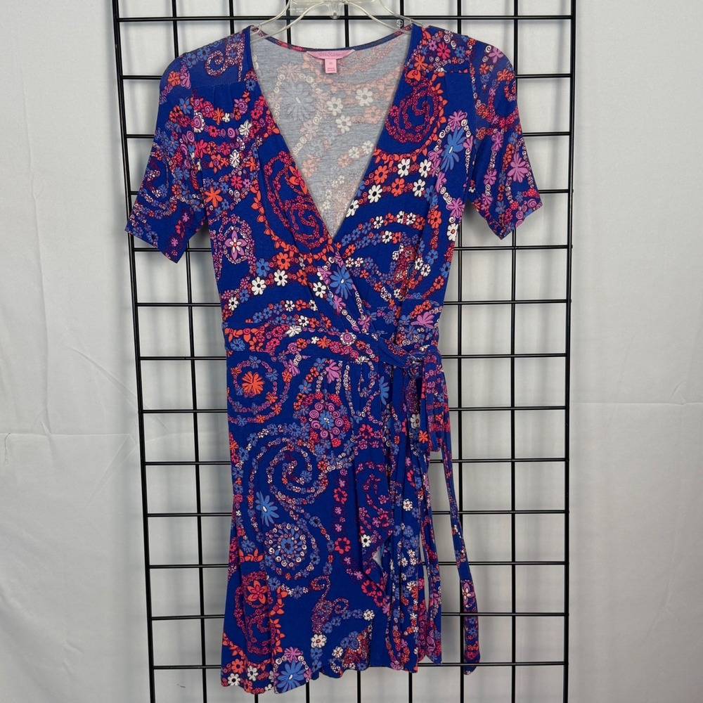 Lilly Pulitzer Ariana Wrap Dress Womens XS‎ Blue Pink Paisley Floral V-Neck